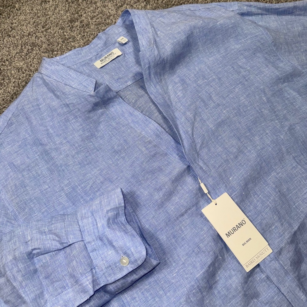 Murano x Baird McNutt Linen Shirt Mens 3XB Band Collar V-Neck Roll Tab Blue NEW